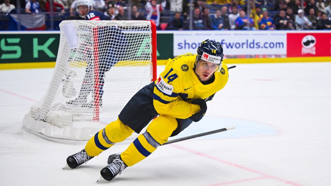 Joel Eriksson Ek firar ett mål mot USA.